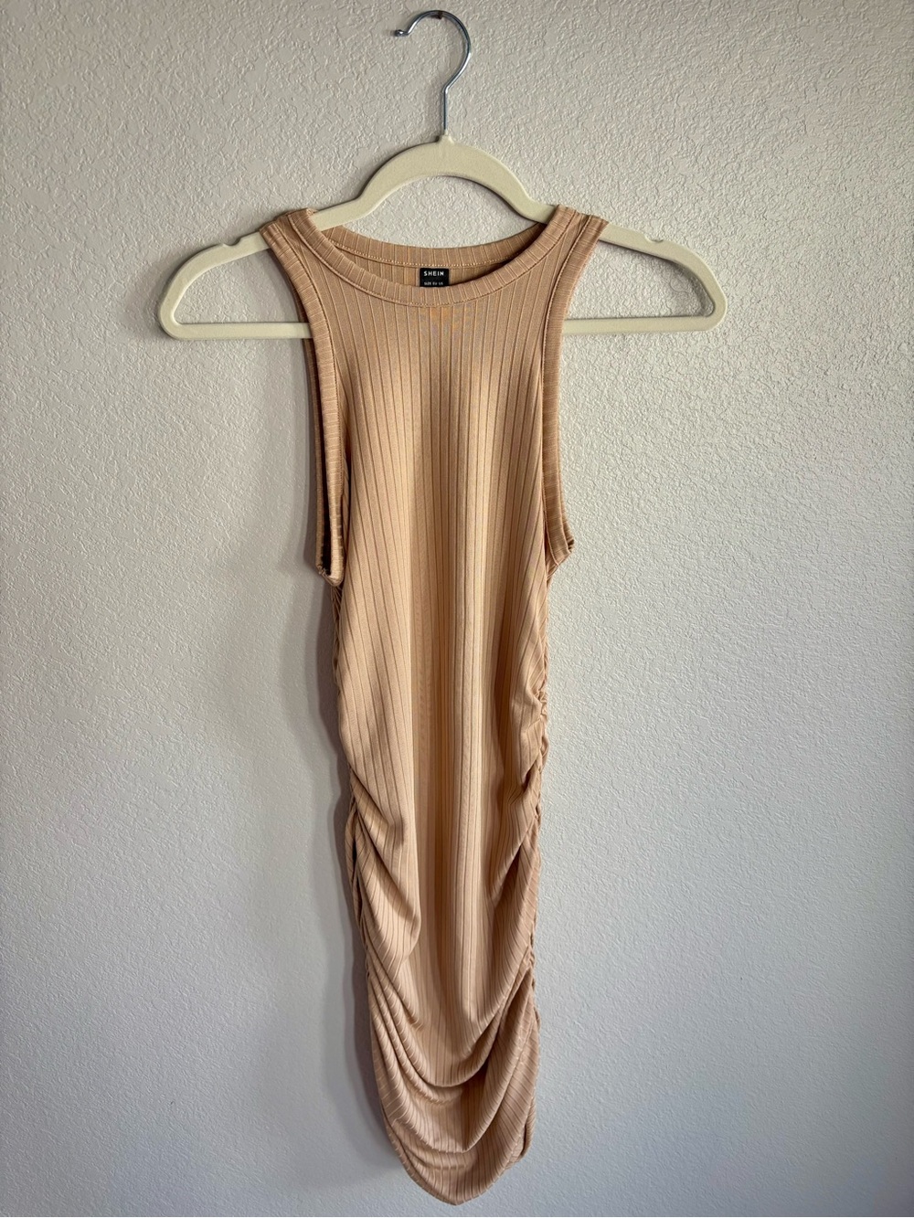 SHEIN Beige Ribbed Sleeveless Ruched Mini Dress